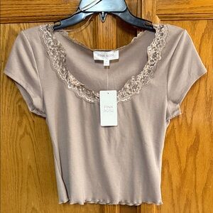 Pink Rose Taupe Lace-Trim Ribbed Crop Top